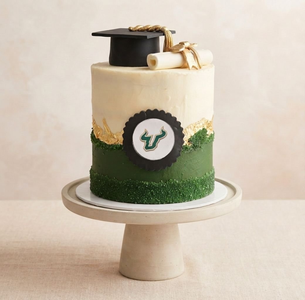 USF-themed graduation cake with cap and diploma topper, Wesley Chapel bakery